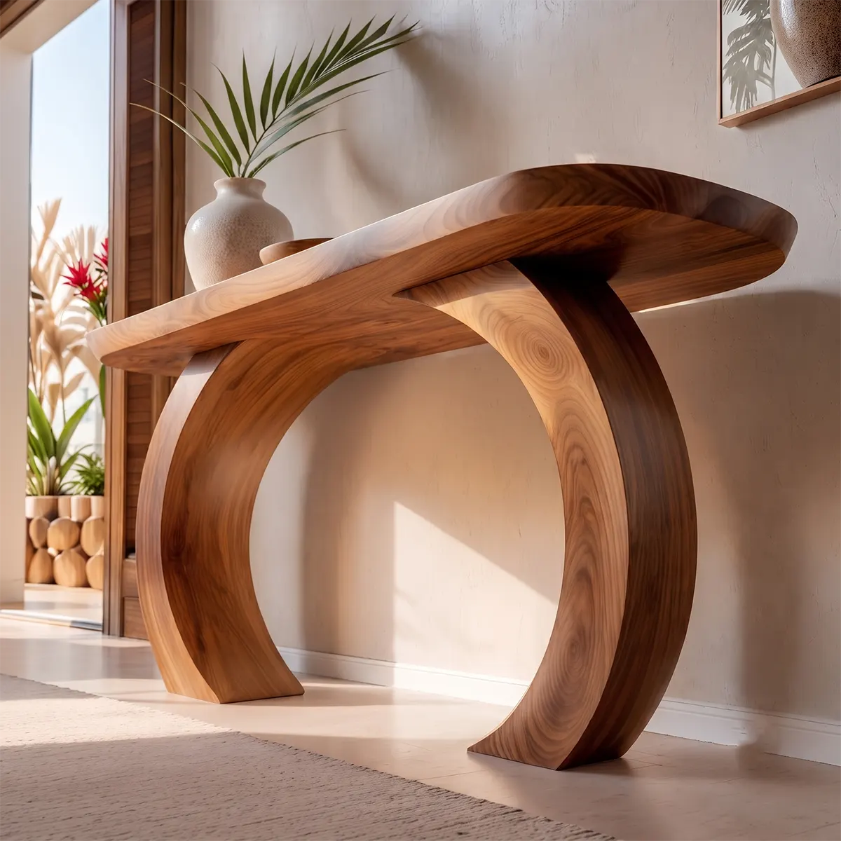 Modern Arch Base Console Table | Solid Wood Entryway Hallway Accent Table with Sculptural Pedestals TT006-9247