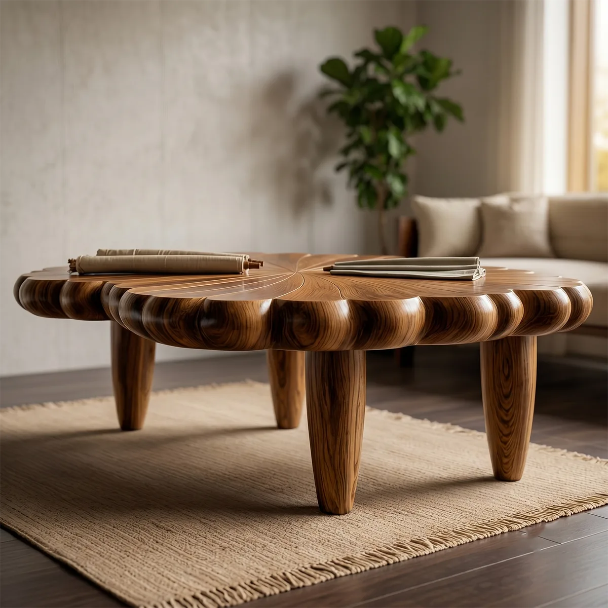 Handcrafted Solid Wood Flower Coffee Table with Carved Petal Top TT006-4707