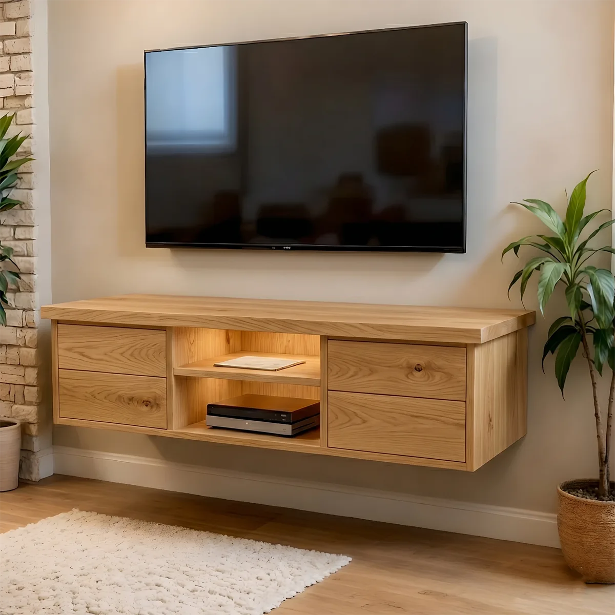 Modern Solid Wood Floating TV Stand with Integrated Lighting