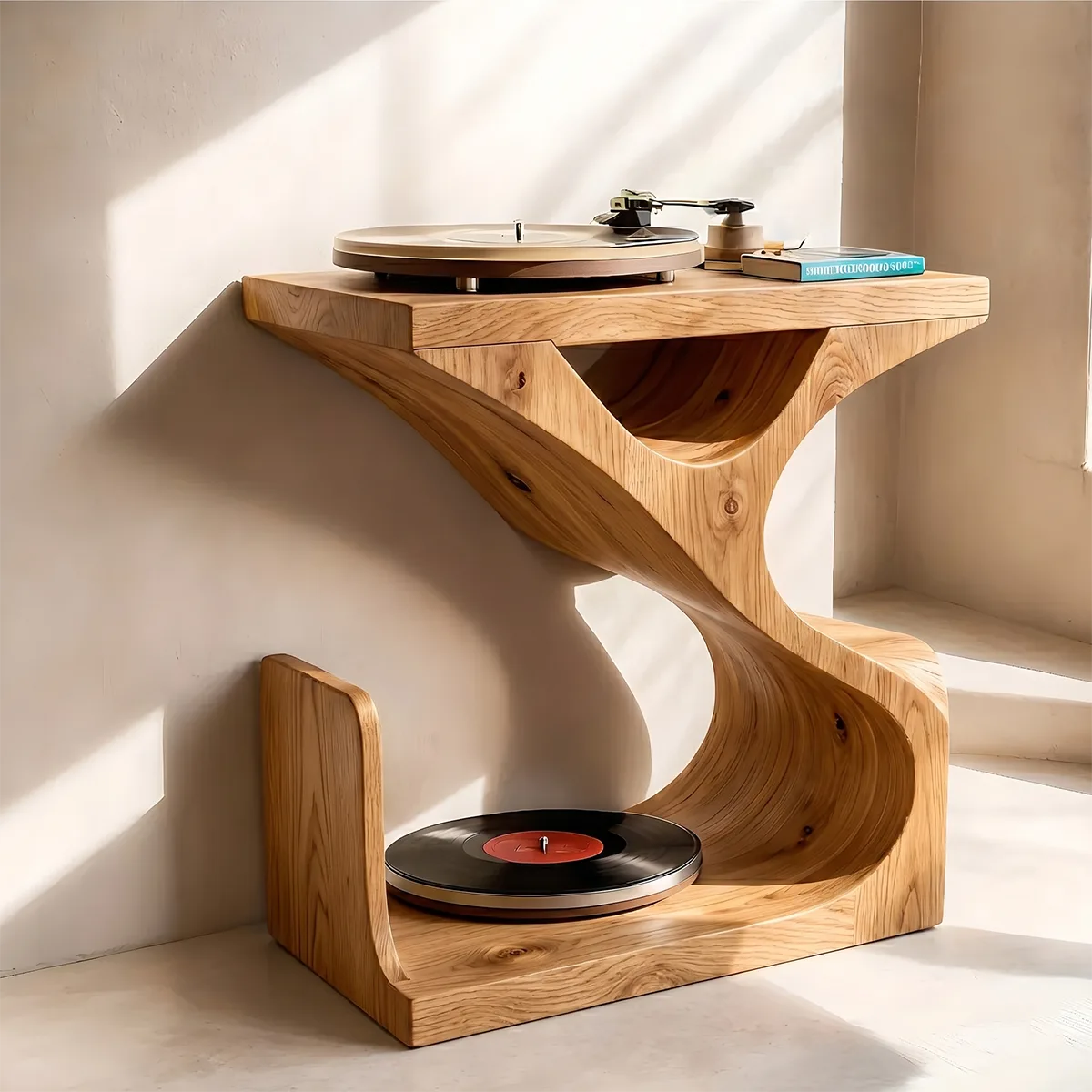 Organic Soft Wave Wood Record Player Table | Stand Only