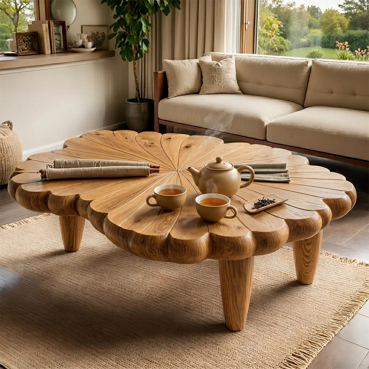 Handcrafted Solid Wood Flower Coffee Table with Carved Petal Top TT006-4707