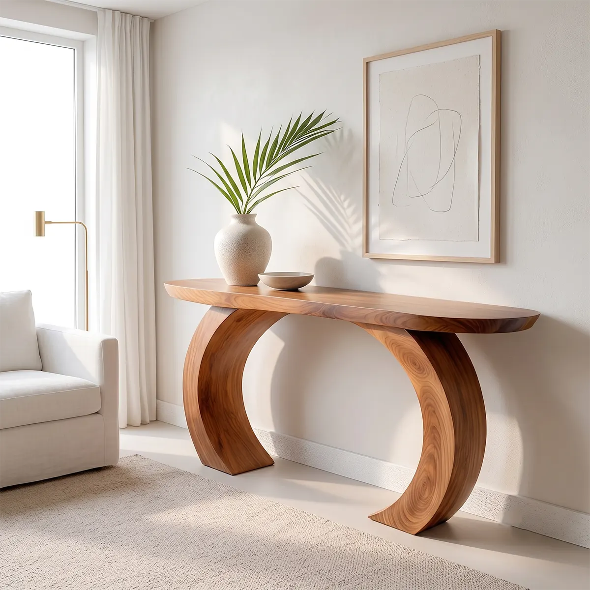 Modern Arch Base Console Table | Solid Wood Entryway Hallway Accent Table with Sculptural Pedestals TT006-9247