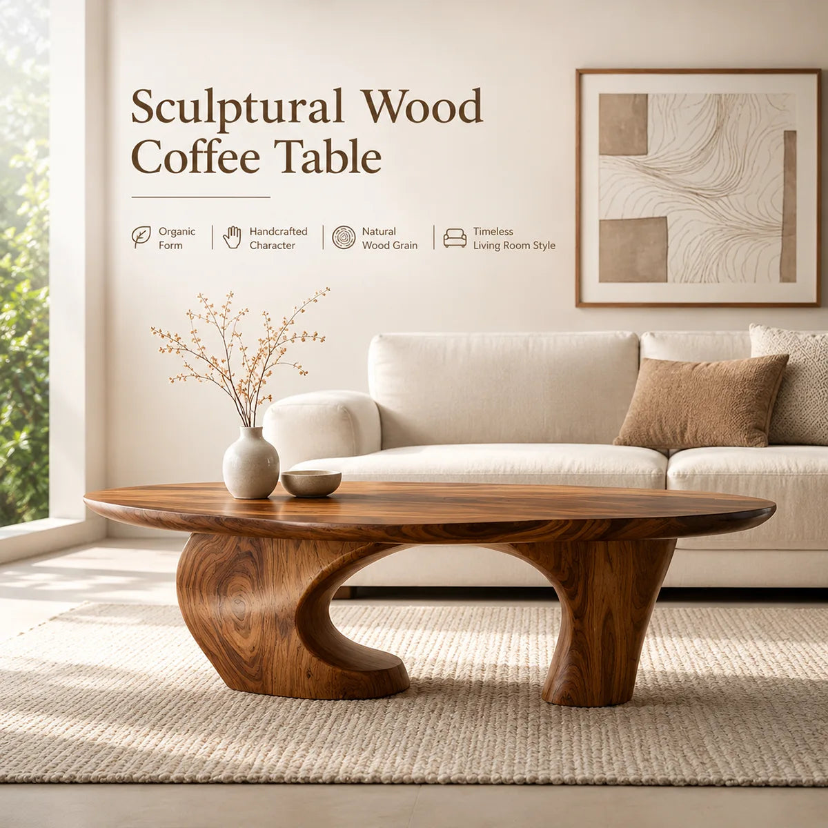 Oval Solid Wood Coffee Table | Sculptural Modern Center Table for Living Room TT006-1714