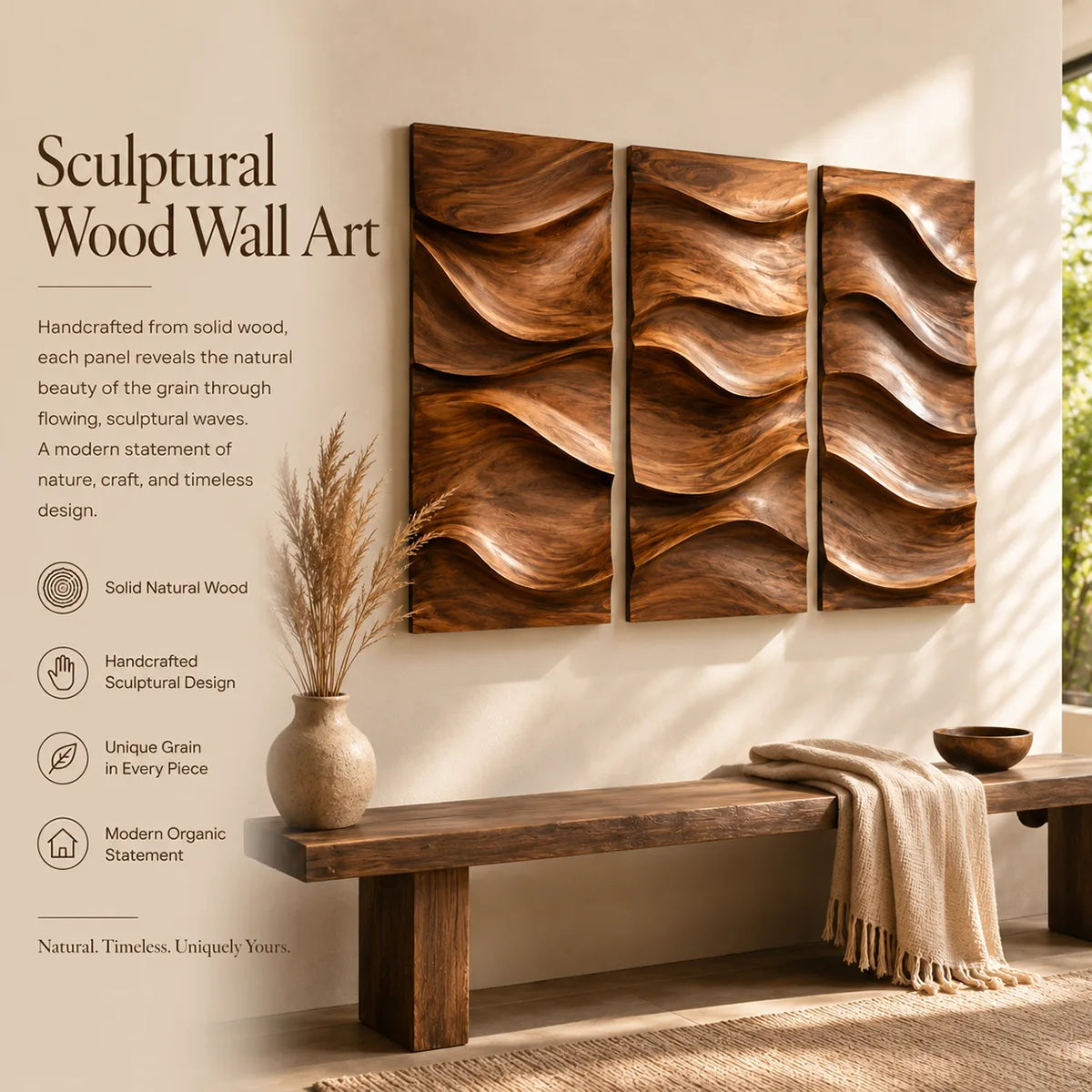Abstract Wave Wood Wall Art | Vertical Wooden Wall Decor for Living Room, Bedroom & Office TT006-1623