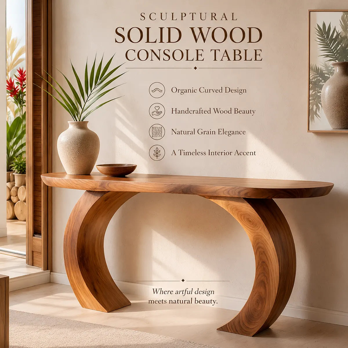 Modern Arch Base Console Table | Solid Wood Entryway Hallway Accent Table with Sculptural Pedestals TT006-9247