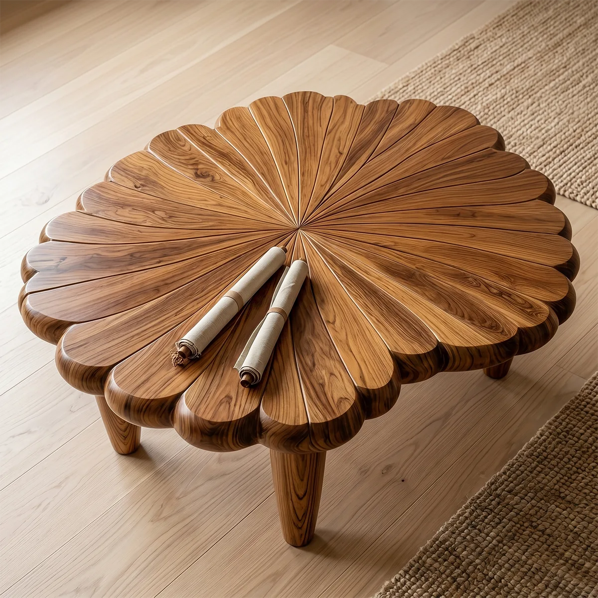 Handcrafted Solid Wood Flower Coffee Table with Carved Petal Top TT006-4707