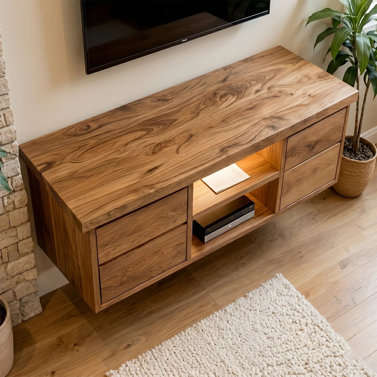 Modern Solid Wood Floating TV Stand with Integrated Lighting