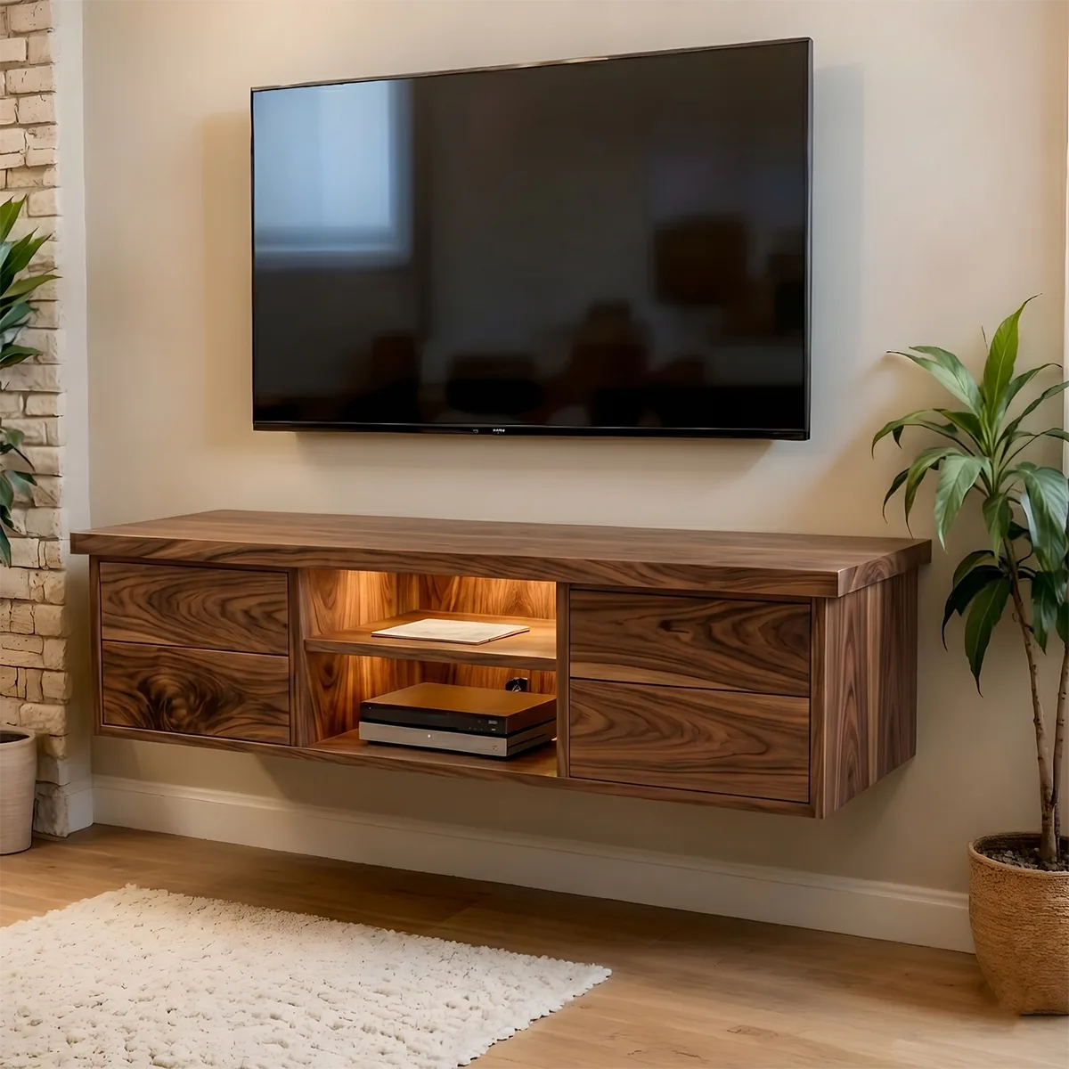 Modern Solid Wood Floating TV Stand with Integrated Lighting