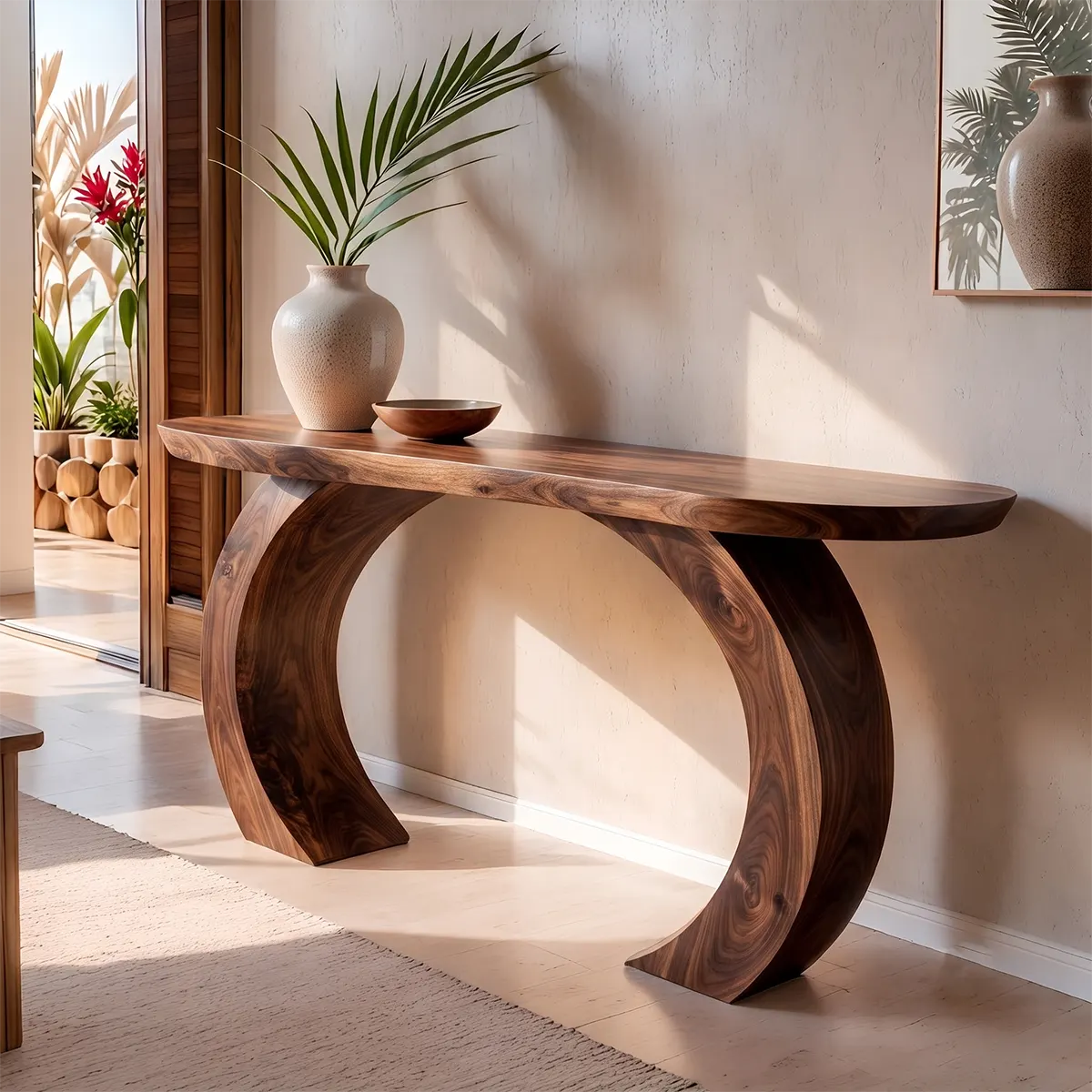 Modern Arch Base Console Table | Solid Wood Entryway Hallway Accent Table with Sculptural Pedestals TT006-9247