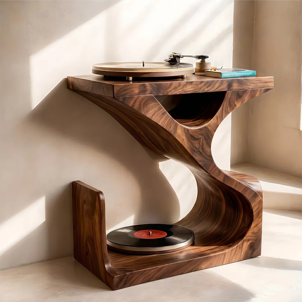 Organic Soft Wave Wood Record Player Table | Stand Only