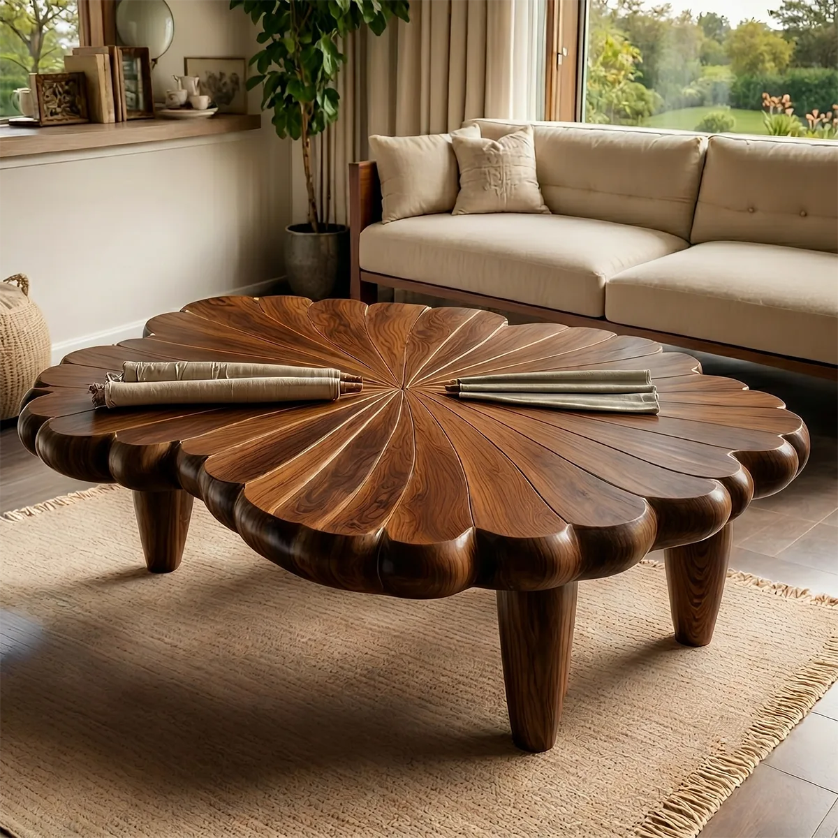Handcrafted Solid Wood Flower Coffee Table with Carved Petal Top TT006-4707
