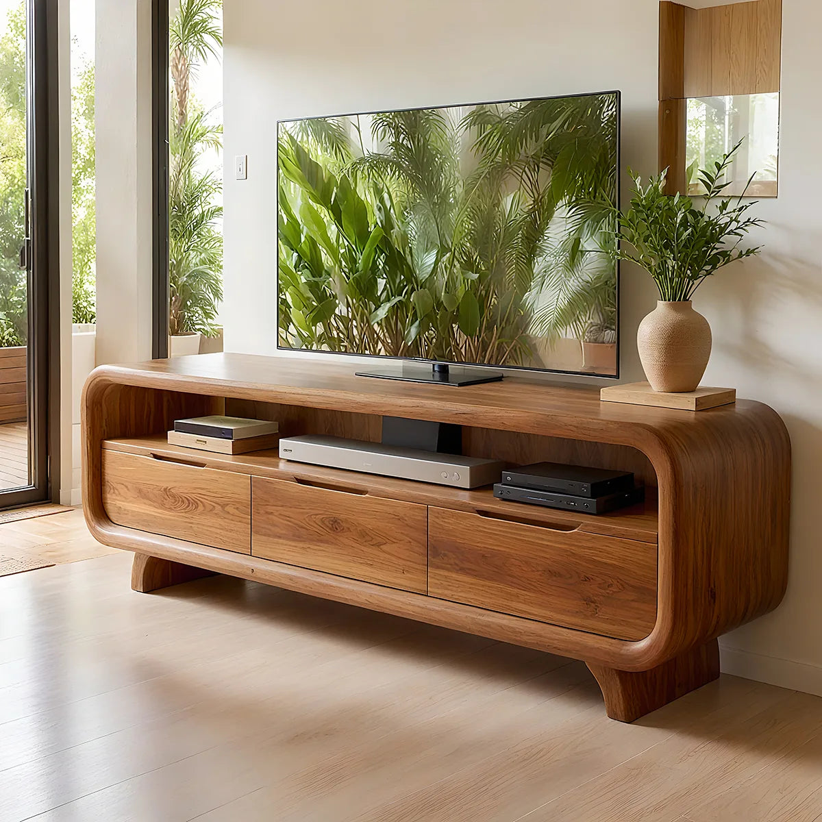 Modern Solid Wood Rounded TV Stand with Three Drawer Storage