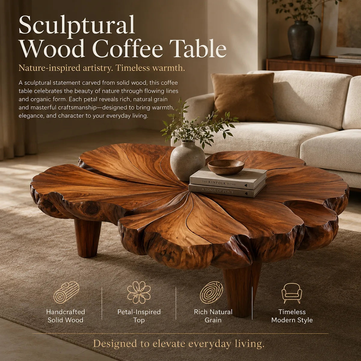 Handcrafted Solid Wood Flower Coffee Table with Sculpted Petal Top TT006-9465