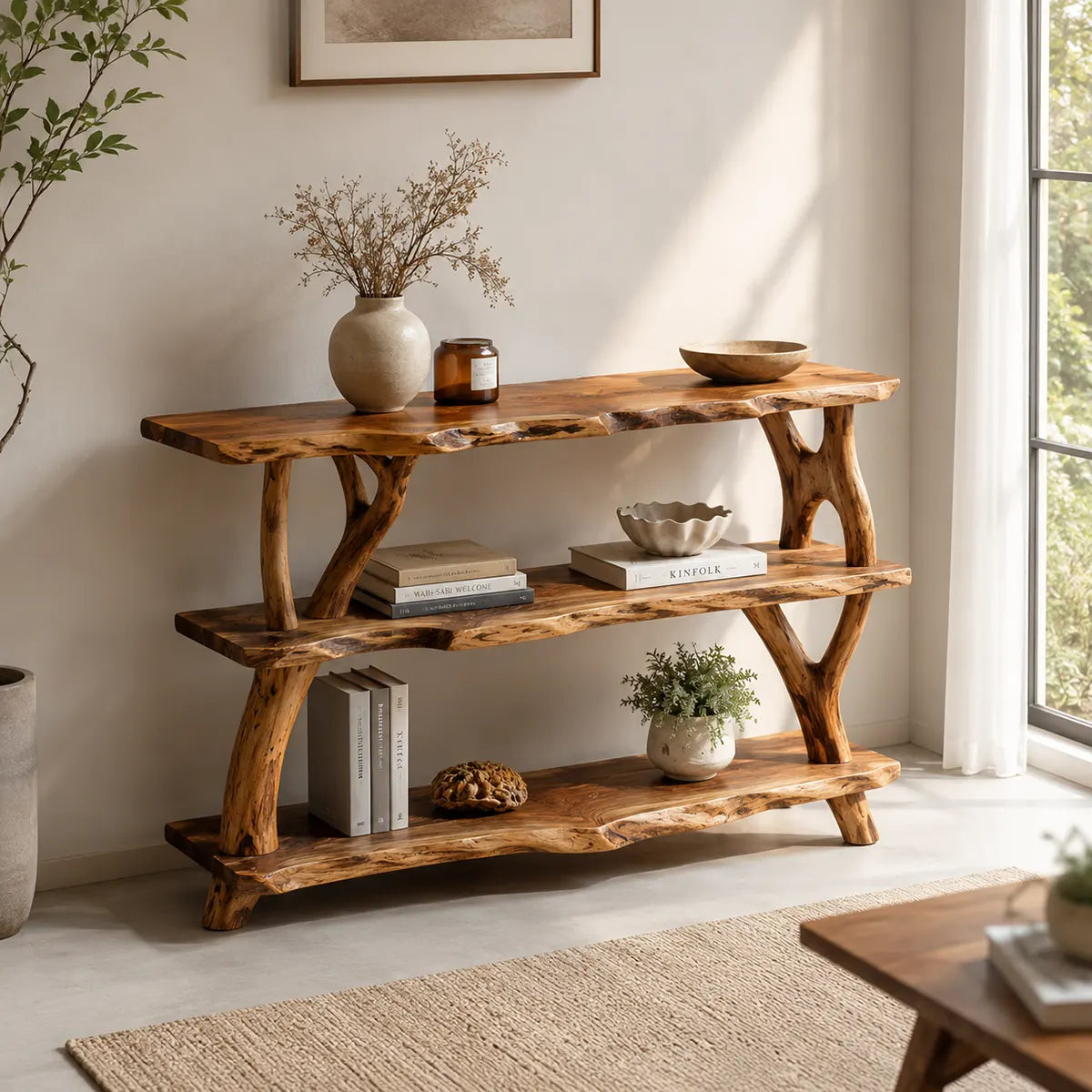 Rustic Live Edge Console Table | Natural Solid Wood Entryway Console with Open Display Shelves TT006-6390