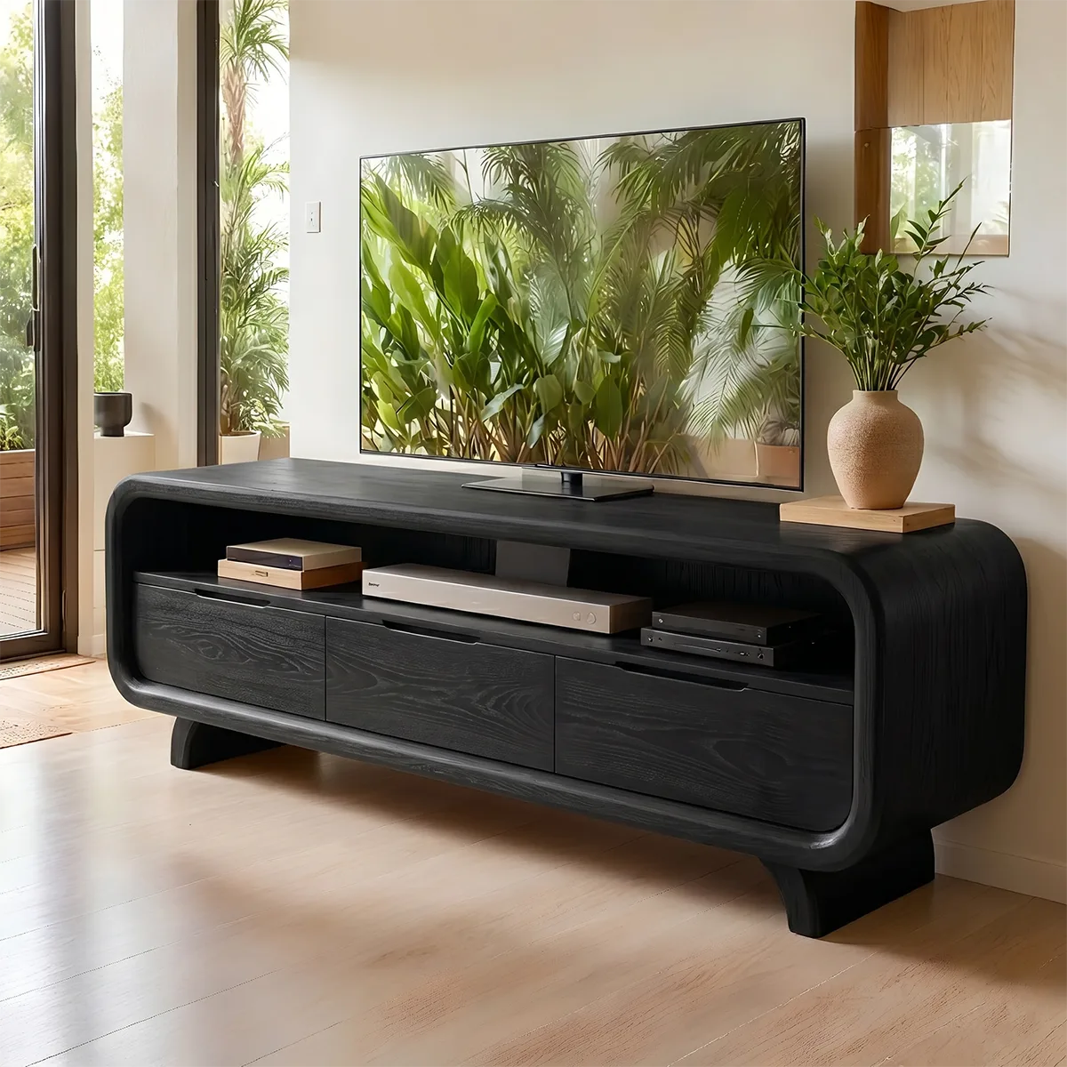 Modern Solid Wood Rounded TV Stand with Three Drawer Storage