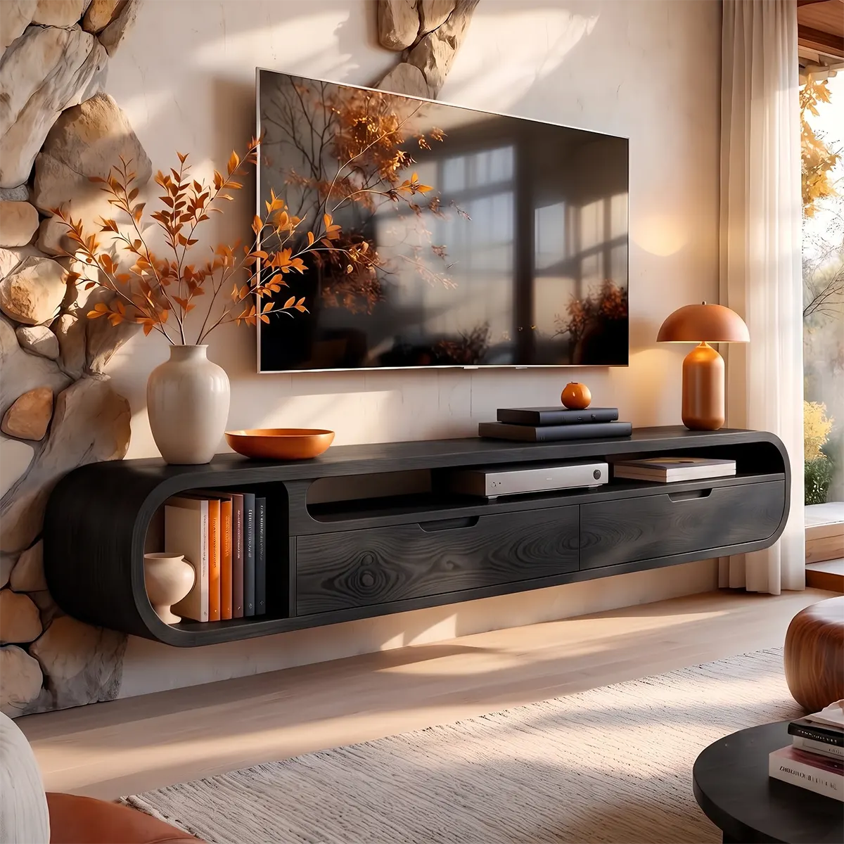 Floating Curved TV Stand with 2 Drawers & Open Media Storage | Modern Wall-Mounted Console TT006-1QSZ3BQ