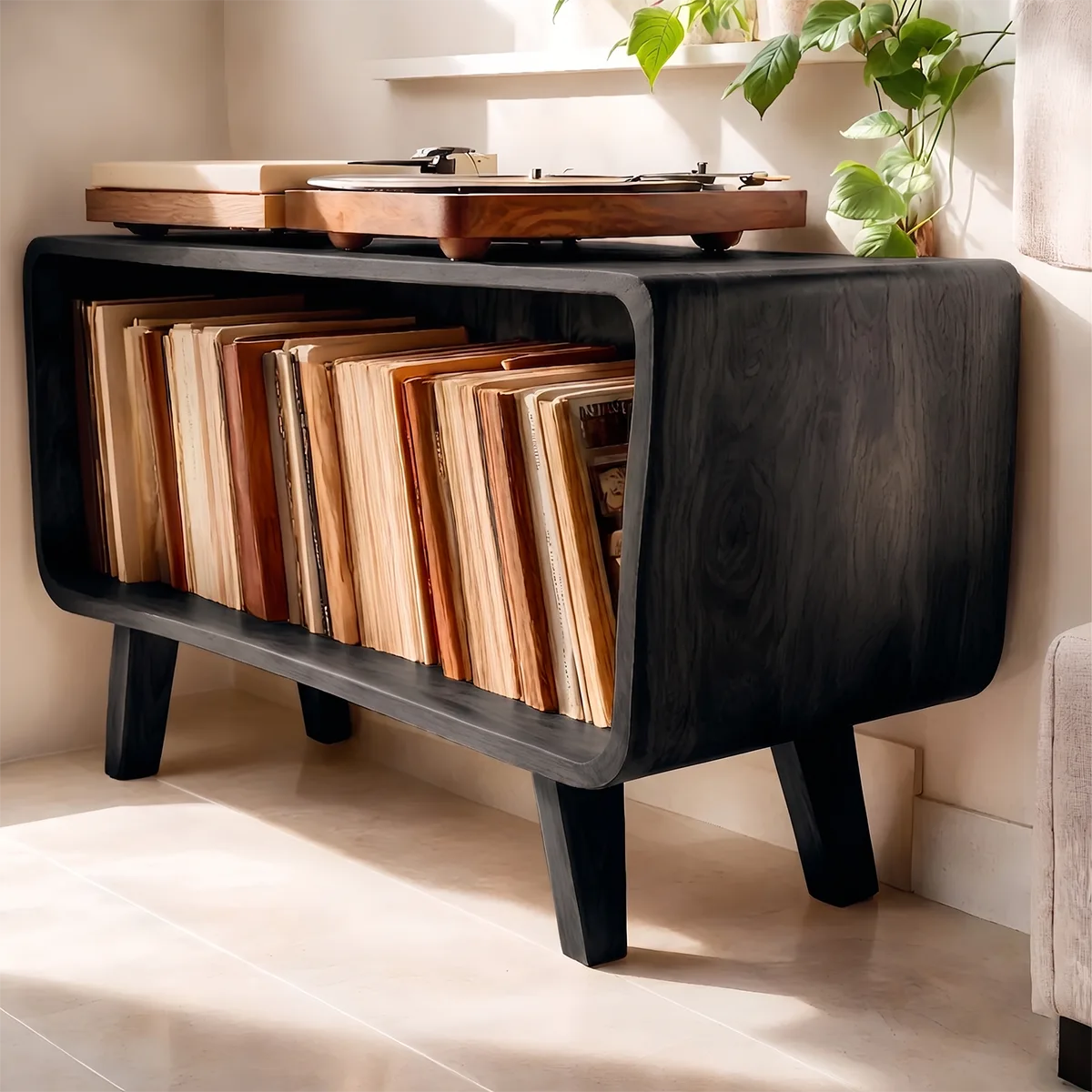 Mid-Century Solid Wood Record Storage Console, Media Player Stand For Home Decor