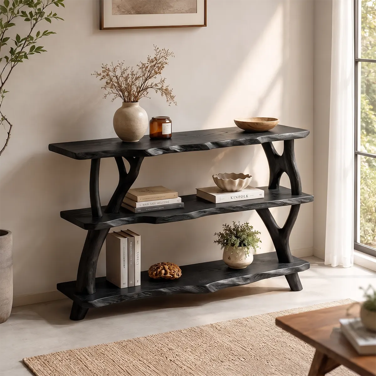 Rustic Live Edge Console Table | Natural Solid Wood Entryway Console with Open Display Shelves TT006-6390
