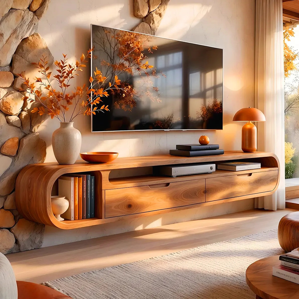 Floating Curved TV Stand with 2 Drawers & Open Media Storage | Modern Wall-Mounted Console TT006-1QSZ3BQ