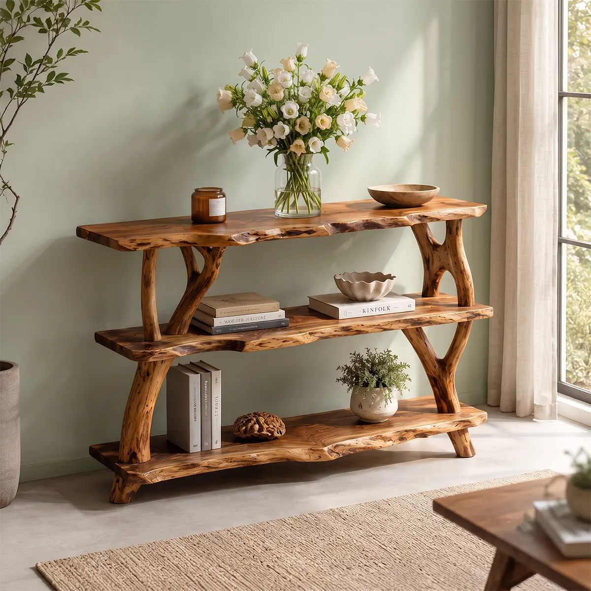 Rustic Live Edge Console Table | Natural Solid Wood Entryway Console with Open Display Shelves TT006-6390