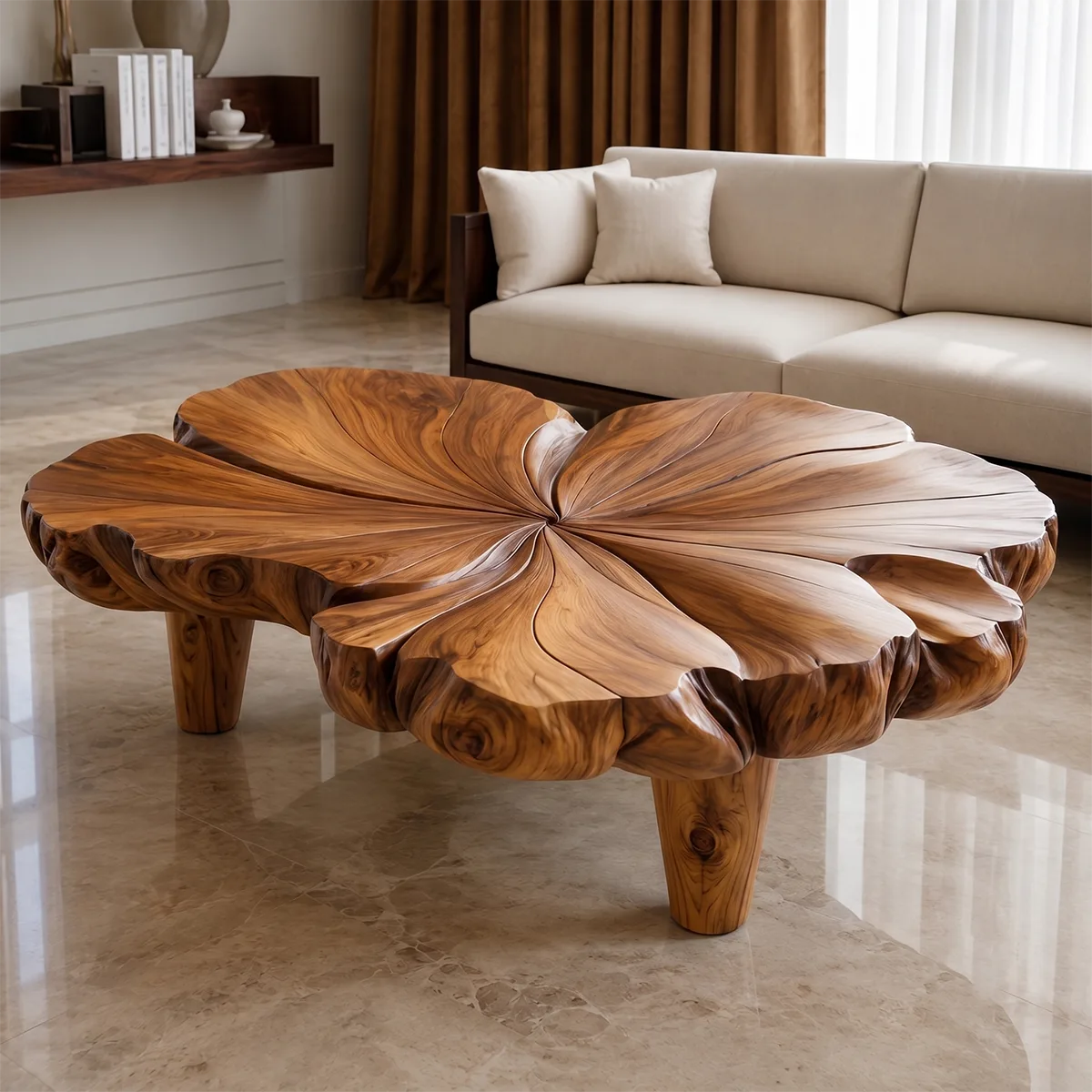 Handcrafted Solid Wood Flower Coffee Table with Sculpted Petal Top TT006-9465
