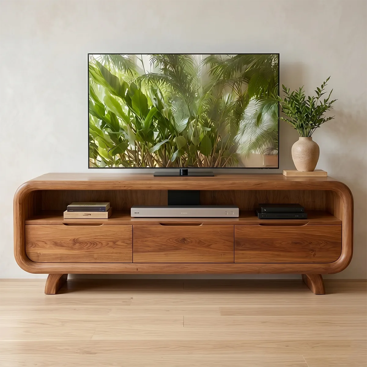 Modern Solid Wood Rounded TV Stand with Three Drawer Storage