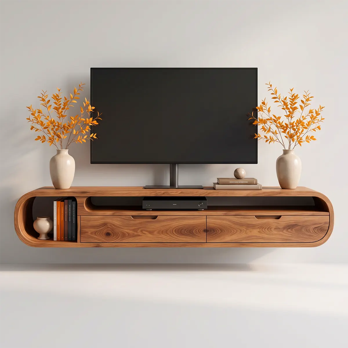Floating Curved TV Stand with 2 Drawers & Open Media Storage | Modern Wall-Mounted Console TT006-1QSZ3BQ