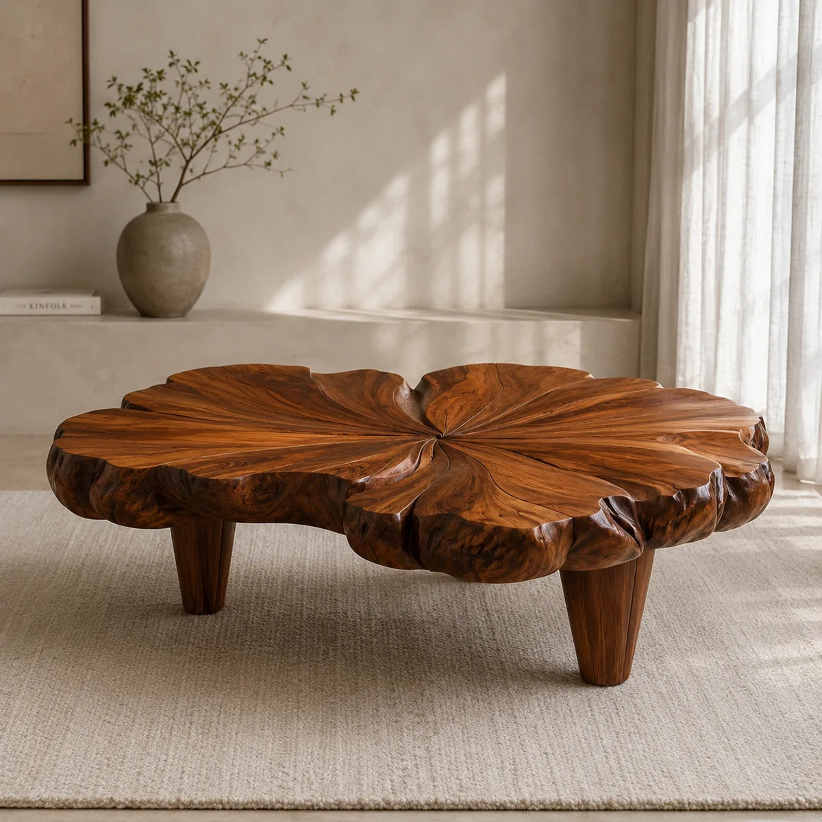 Handcrafted Solid Wood Flower Coffee Table with Sculpted Petal Top TT006-9465