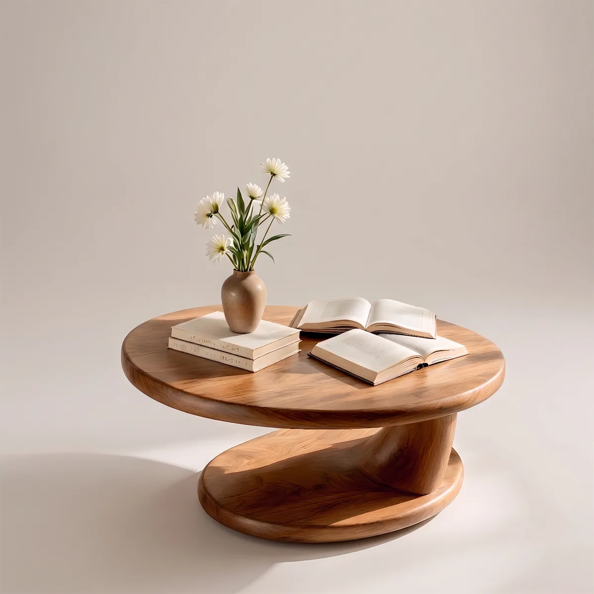 Round Solid Wood Coffee Table with Open Shelf | Modern Sculptural Living Room Table TT006-1486