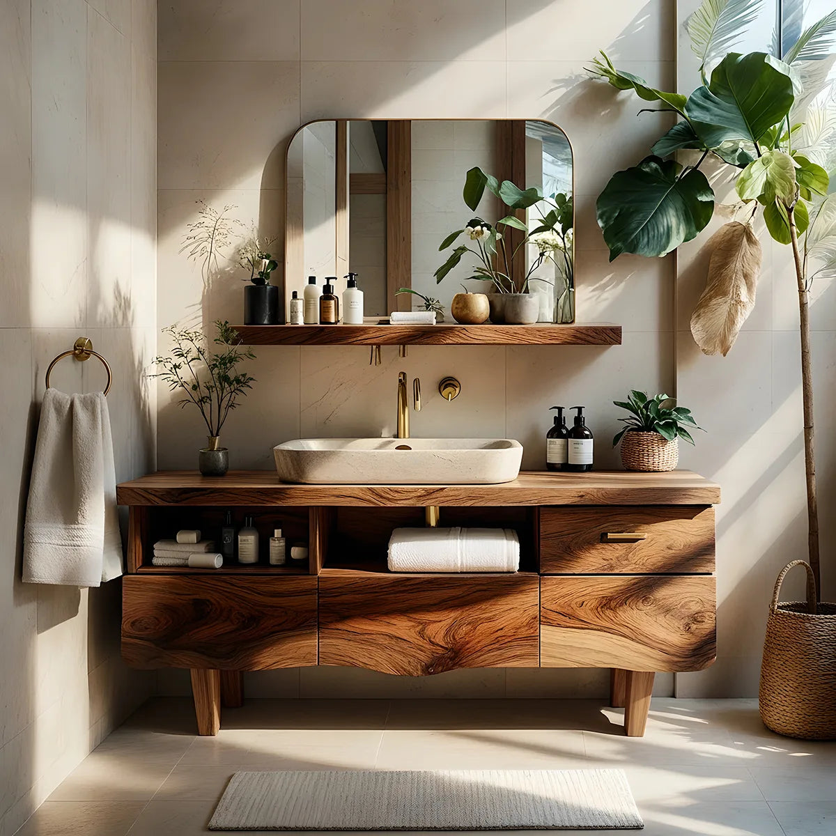 Contemporary Solid Wood Bathroom Vanity with Wave Front and Open Shelf