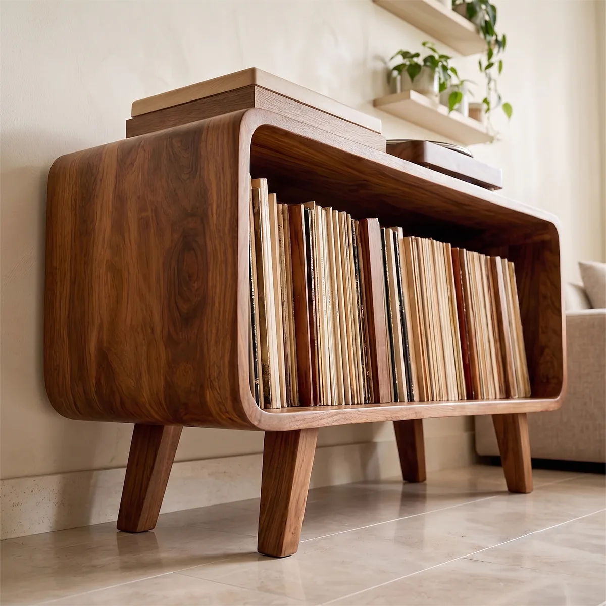 Mid-Century Solid Wood Record Storage Console, Media Player Stand For Home Decor
