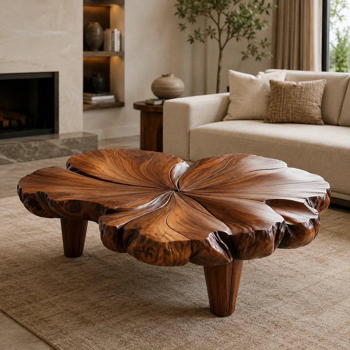 Handcrafted Solid Wood Flower Coffee Table with Sculpted Petal Top TT006-9465