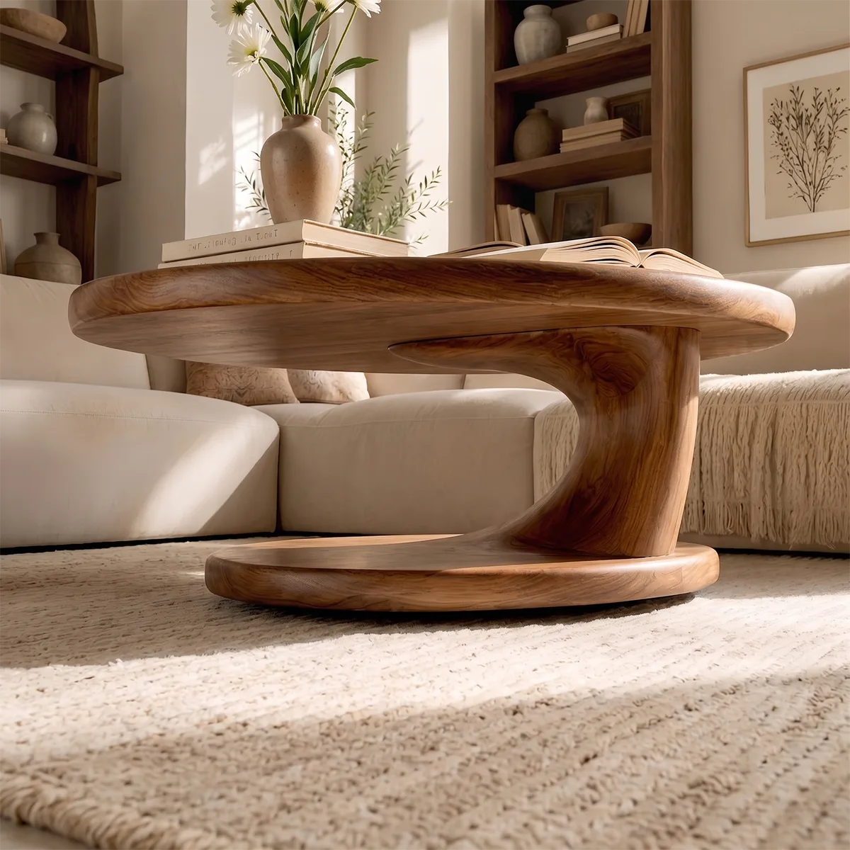 Round Solid Wood Coffee Table with Open Shelf | Modern Sculptural Living Room Table TT006-1486