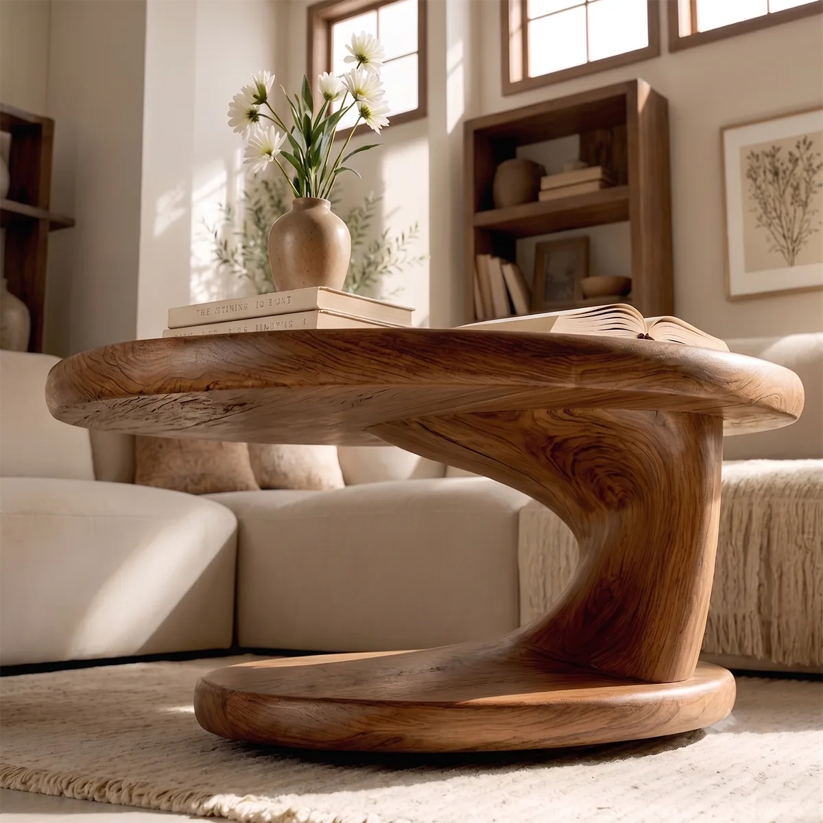 Round Solid Wood Coffee Table with Open Shelf | Modern Sculptural Living Room Table TT006-1486