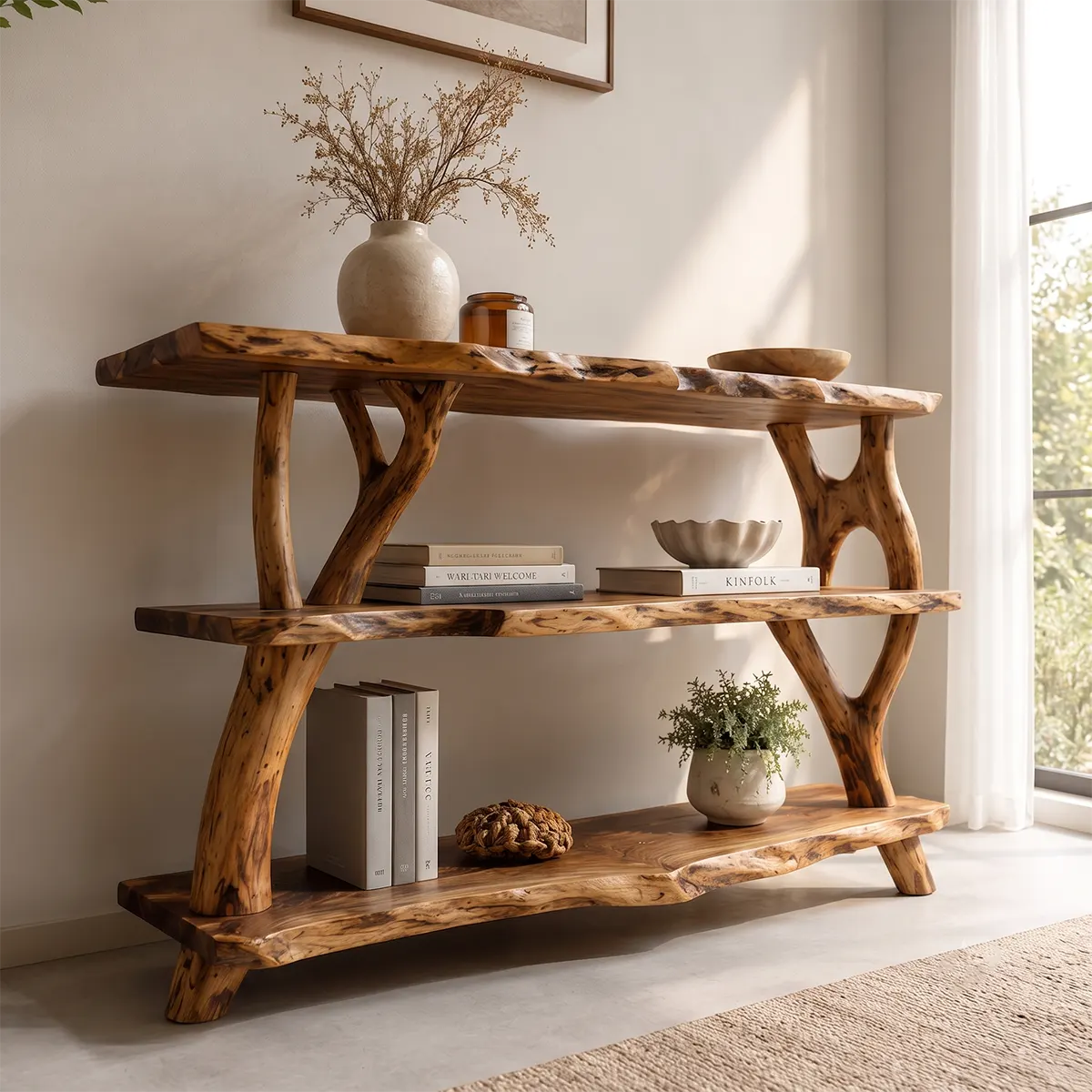 Rustic Live Edge Console Table | Natural Solid Wood Entryway Console with Open Display Shelves TT006-6390