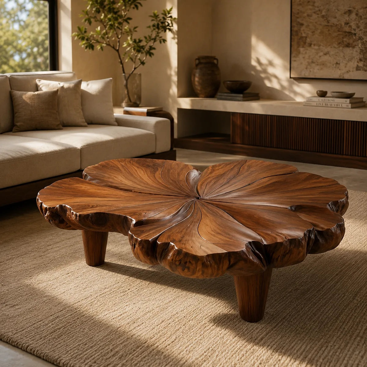 Handcrafted Solid Wood Flower Coffee Table with Sculpted Petal Top TT006-9465