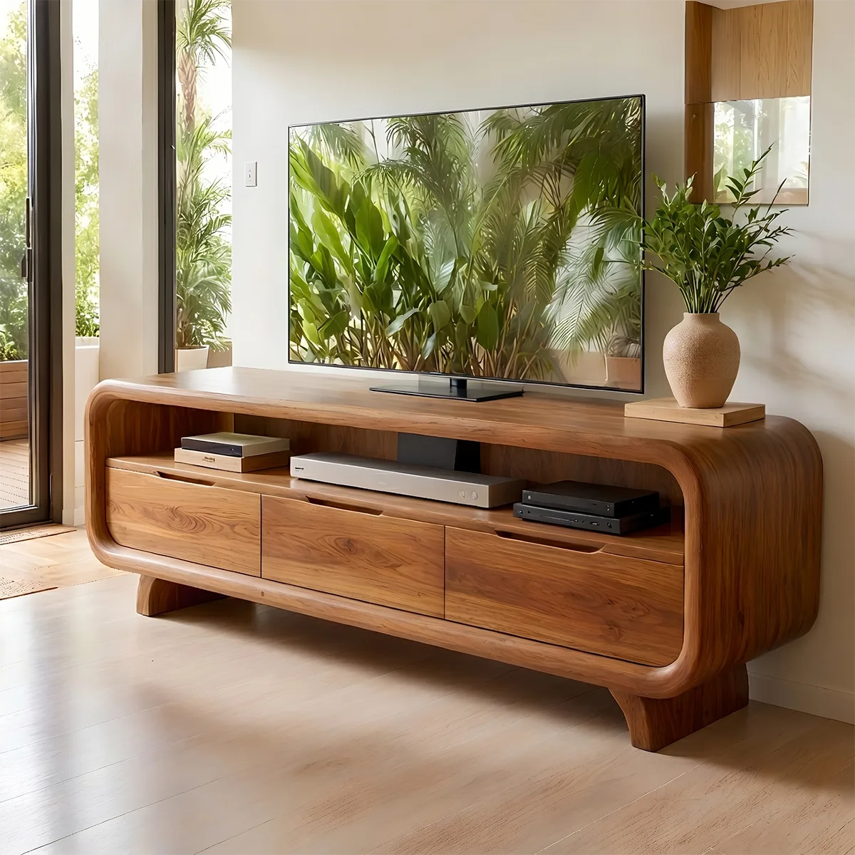Modern Solid Wood Rounded TV Stand with Three Drawer Storage
