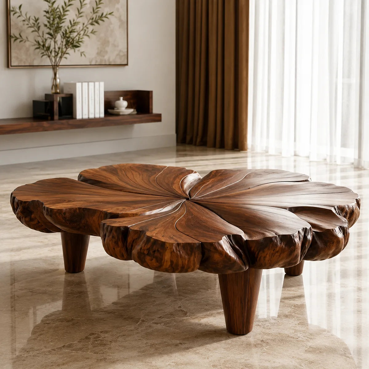 Handcrafted Solid Wood Flower Coffee Table with Sculpted Petal Top TT006-9465