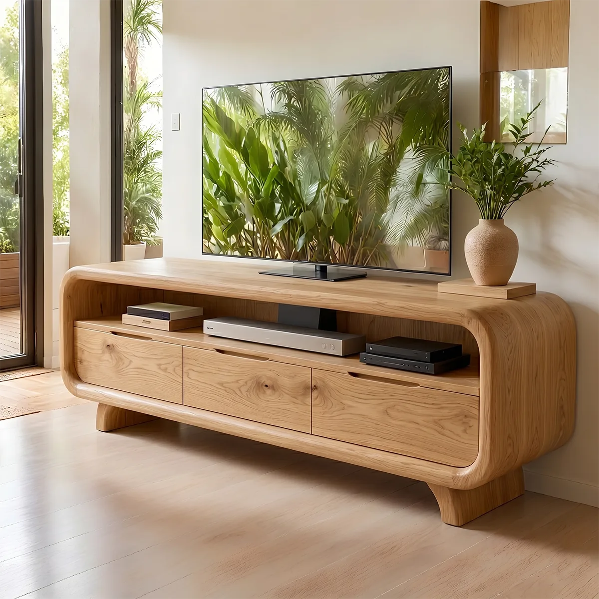 Modern Solid Wood Rounded TV Stand with Three Drawer Storage