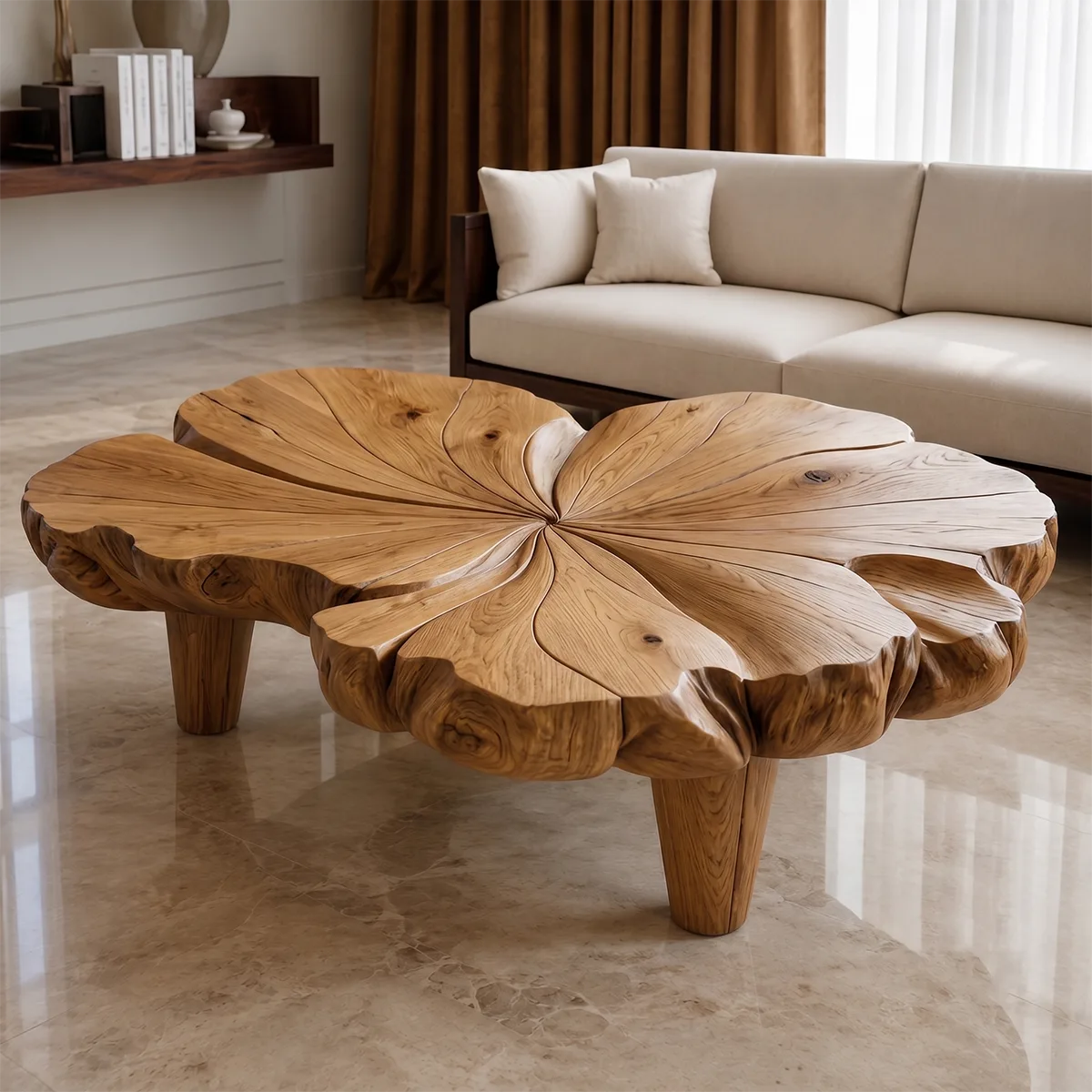 Handcrafted Solid Wood Flower Coffee Table with Sculpted Petal Top TT006-9465