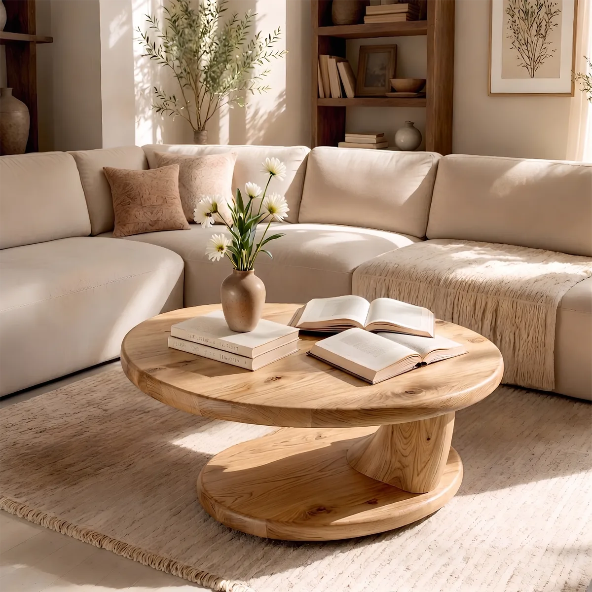 Round Solid Wood Coffee Table with Open Shelf | Modern Sculptural Living Room Table TT006-1486