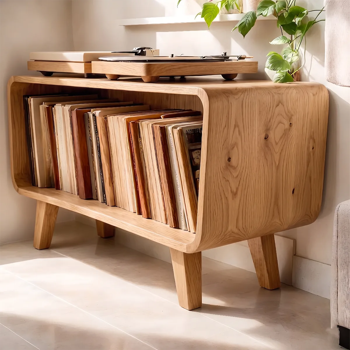 Mid-Century Solid Wood Record Storage Console, Media Player Stand For Home Decor