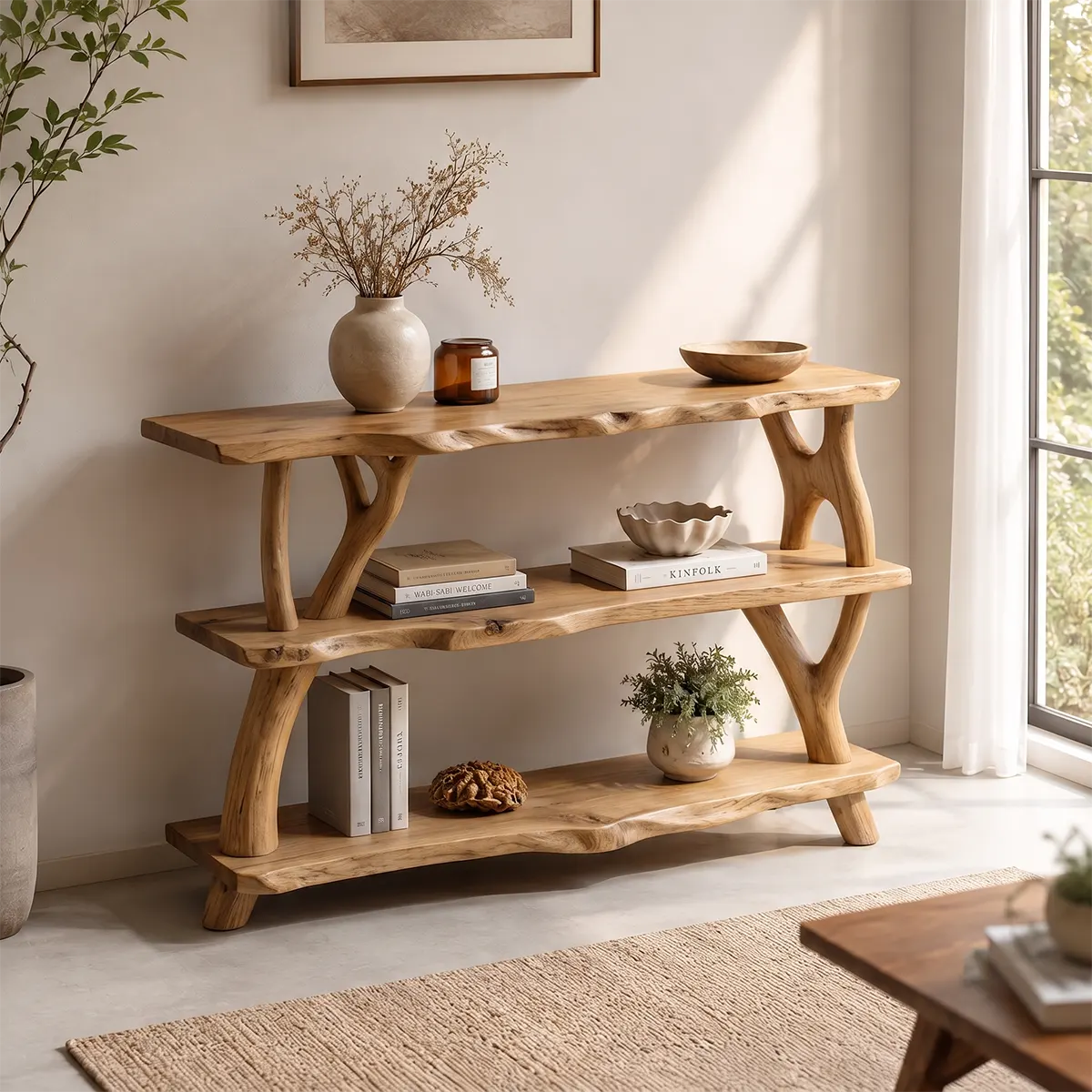 Rustic Live Edge Console Table | Natural Solid Wood Entryway Console with Open Display Shelves TT006-6390