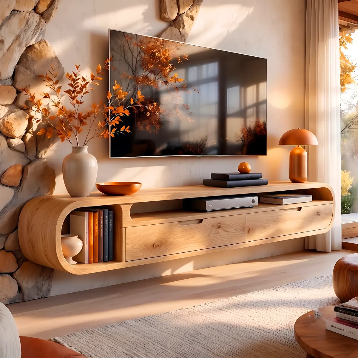 Floating Curved TV Stand with 2 Drawers & Open Media Storage | Modern Wall-Mounted Console TT006-1QSZ3BQ