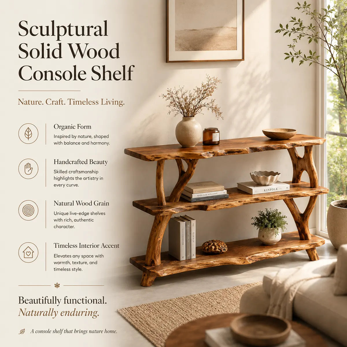 Rustic Live Edge Console Table | Natural Solid Wood Entryway Console with Open Display Shelves TT006-6390