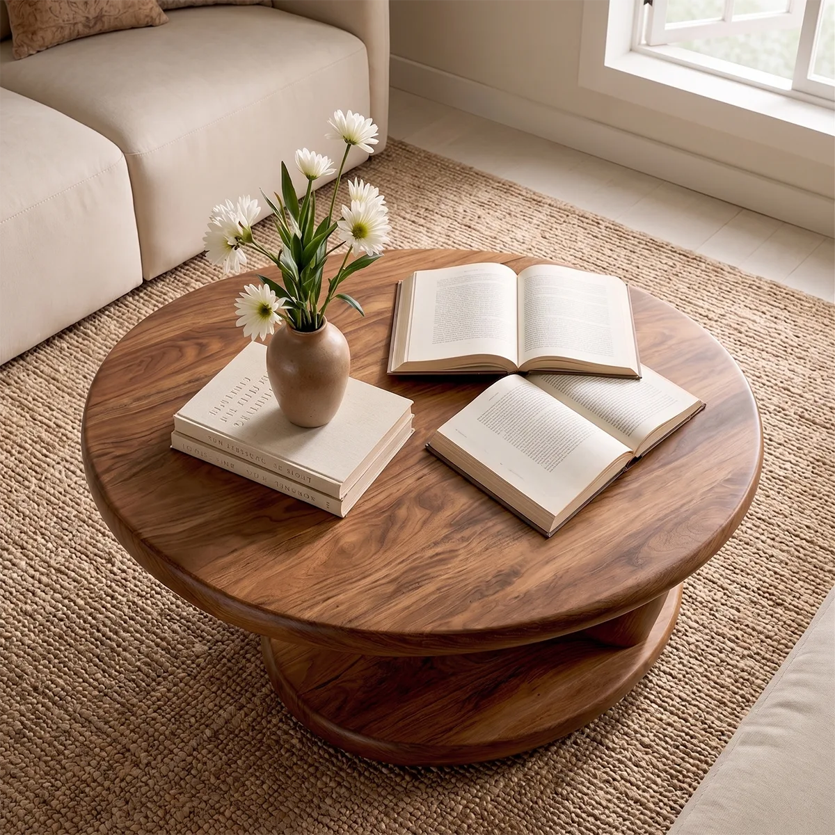 Round Solid Wood Coffee Table with Open Shelf | Modern Sculptural Living Room Table TT006-1486