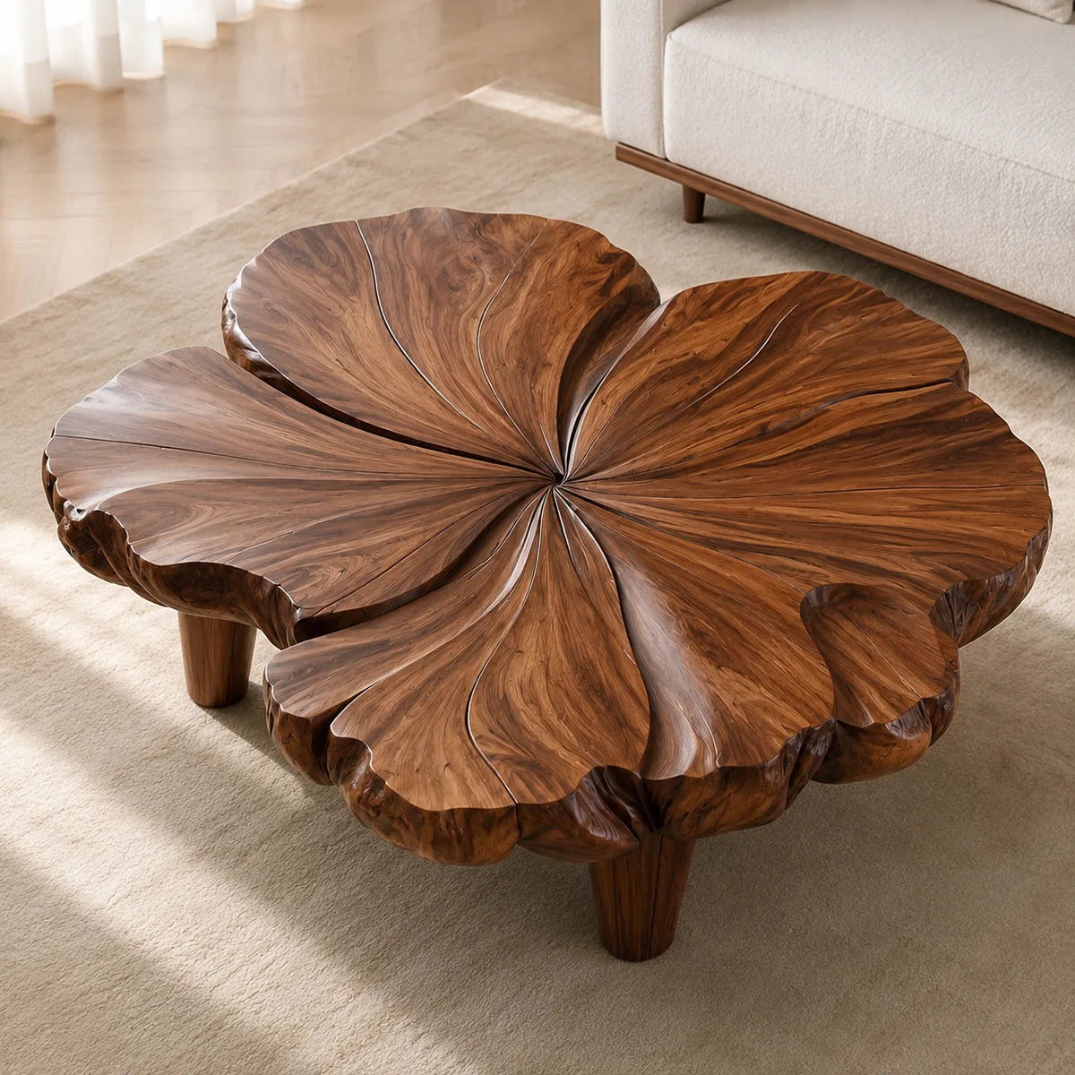 Handcrafted Solid Wood Flower Coffee Table with Sculpted Petal Top TT006-9465