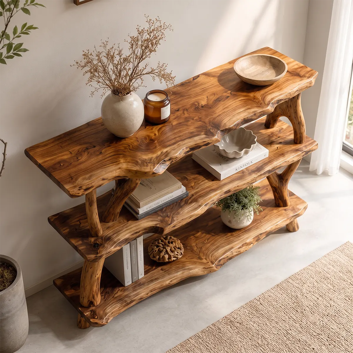 Rustic Live Edge Console Table | Natural Solid Wood Entryway Console with Open Display Shelves TT006-6390