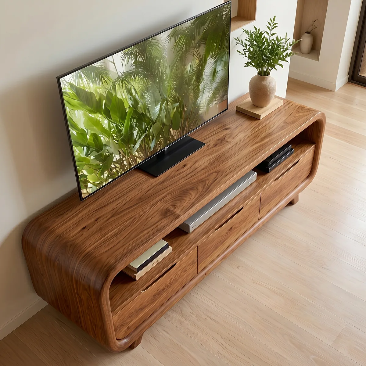Modern Solid Wood Rounded TV Stand with Three Drawer Storage