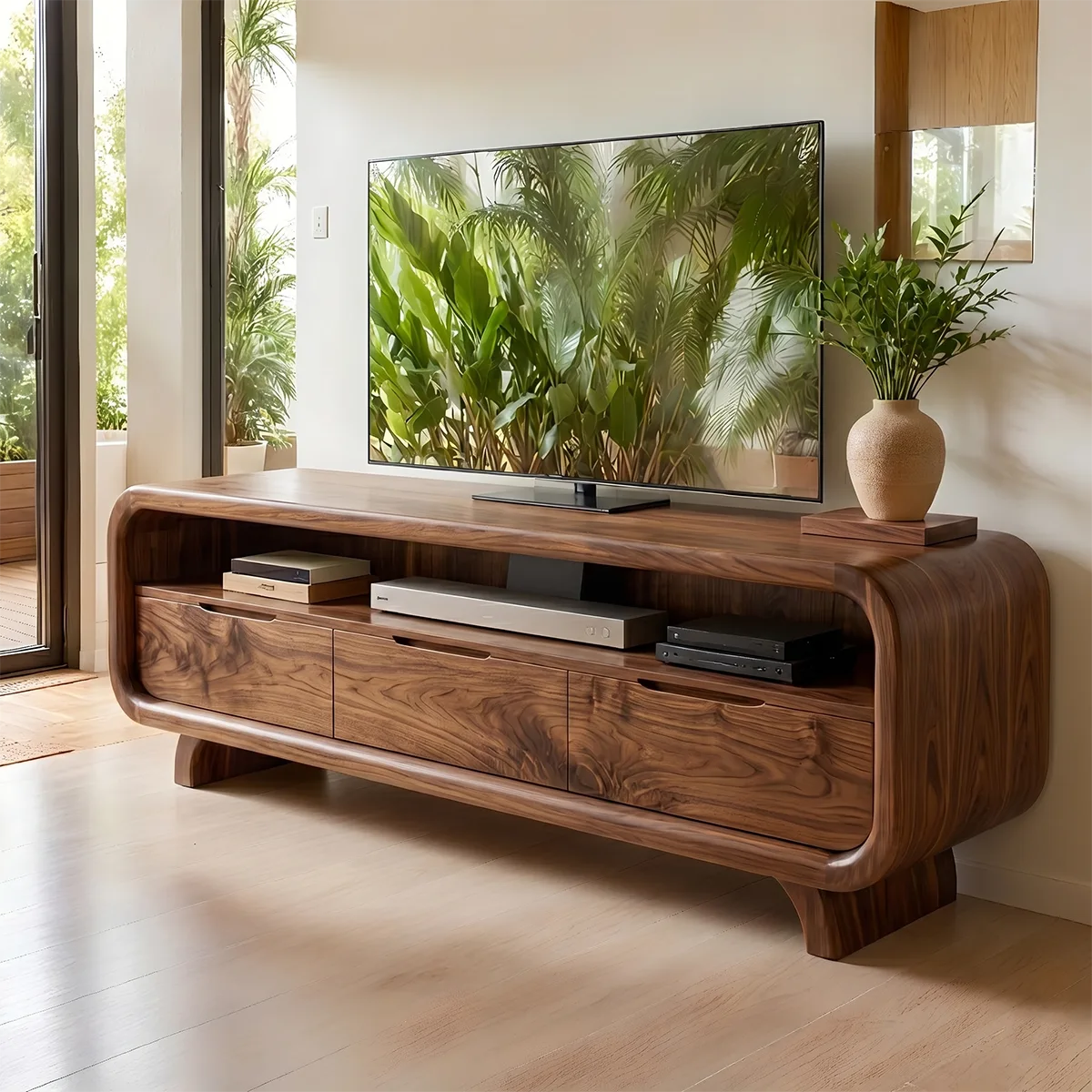 Modern Solid Wood Rounded TV Stand with Three Drawer Storage